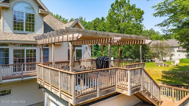 460 Grand Ave, Saratoga Springs, NY 12866 - wooden deck with a pergola, a lawn, and stairway