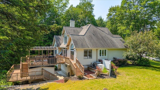 460 Grand Ave, Saratoga Springs, NY 12866 - back of house with stairway, a wooden deck, a pergola, and a yard