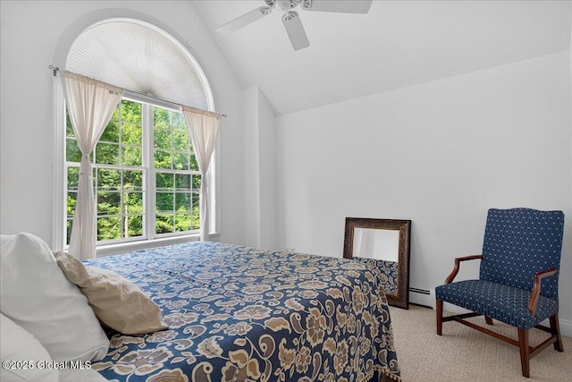 460 Grand Ave, Saratoga Springs, NY 12866 - bedroom featuring carpet flooring, lofted ceiling, ceiling fan, and a baseboard radiator