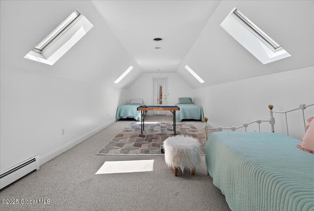 460 Grand Ave, Saratoga Springs, NY 12866 - bedroom featuring a skylight, lofted ceiling, a baseboard heating unit, and carpet