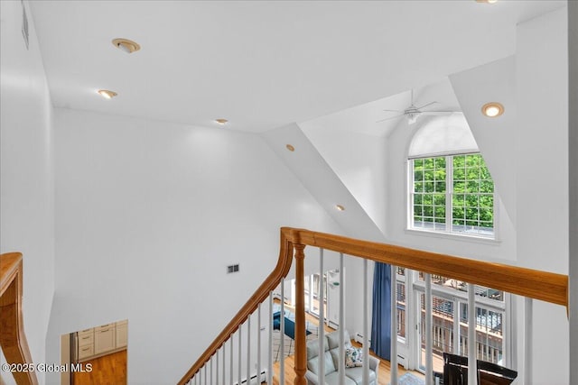 460 Grand Ave, Saratoga Springs, NY 12866 - stairs with high vaulted ceiling, a ceiling fan, recessed lighting, and wood finished floors