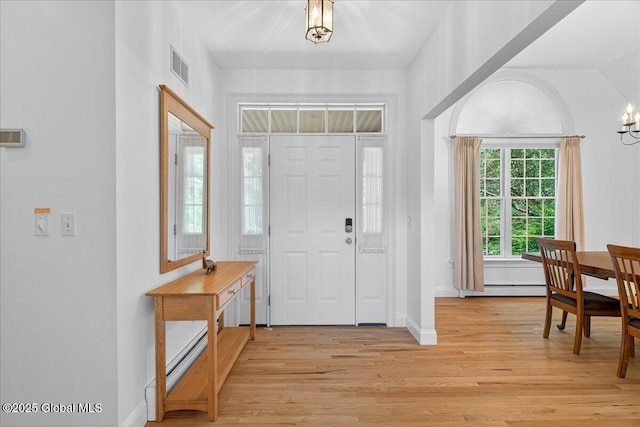 460 Grand Ave, Saratoga Springs, NY 12866 - foyer entrance featuring light wood-style flooring, a chandelier, and a baseboard heating unit