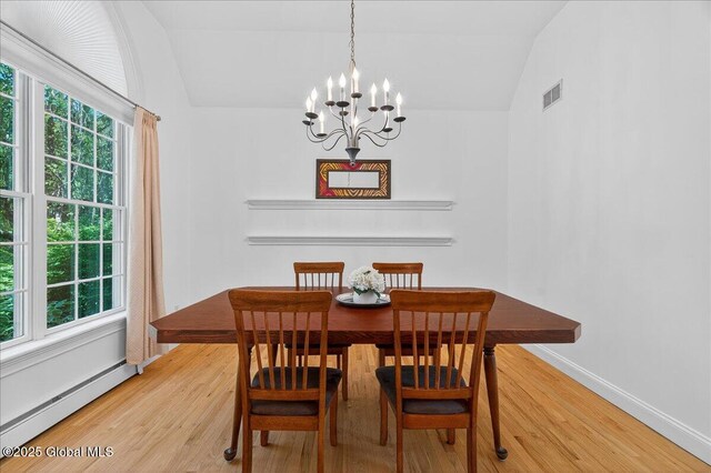 460 Grand Ave, Saratoga Springs, NY 12866 - dining space featuring baseboard heating, vaulted ceiling, a chandelier, healthy amount of natural light, and wood finished floors