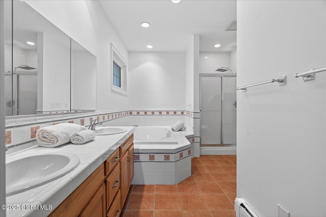 460 Grand Ave, Saratoga Springs, NY 12866 - full bathroom featuring a garden tub, a stall shower, double vanity, tile patterned floors, and recessed lighting