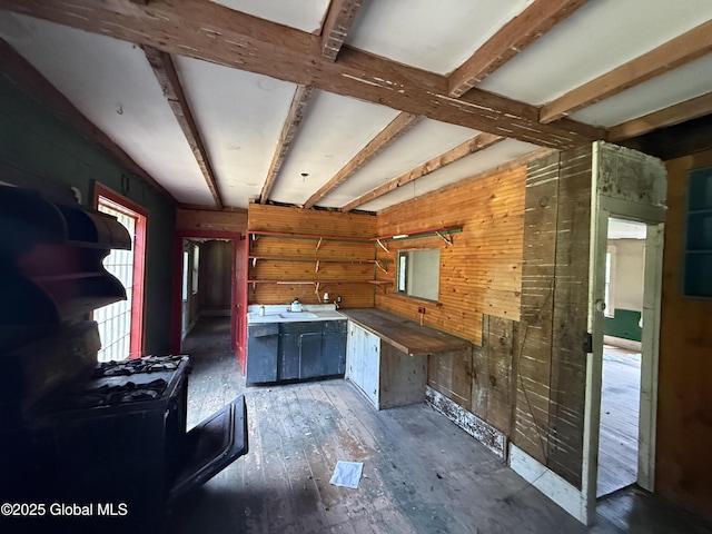 59 Lagrange Rd, Crown Point, NY 12928 - misc room with wooden walls, hardwood / wood-style floors, and beam ceiling