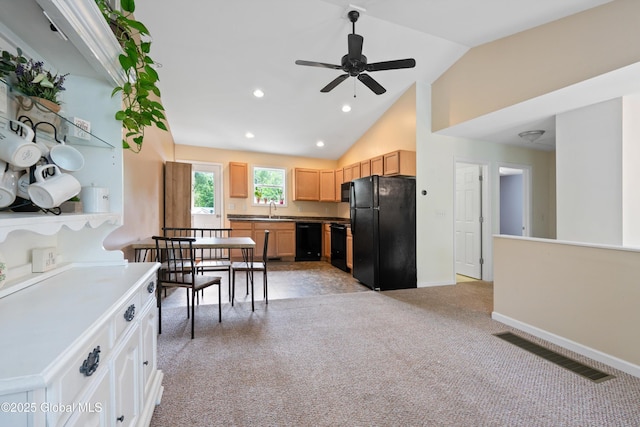30 W State St, Glens Falls, NY 12801 - kitchen with black appliances, light carpet, recessed lighting, ceiling fan, and high vaulted ceiling