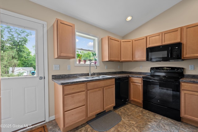 30 W State St, Glens Falls, NY 12801 - kitchen featuring black appliances, dark countertops, vaulted ceiling, light brown cabinetry, and recessed lighting