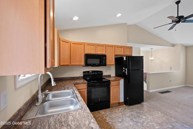 30 W State St, Glens Falls, NY 12801 - kitchen with black appliances, ceiling fan, dark countertops, recessed lighting, and light colored carpet