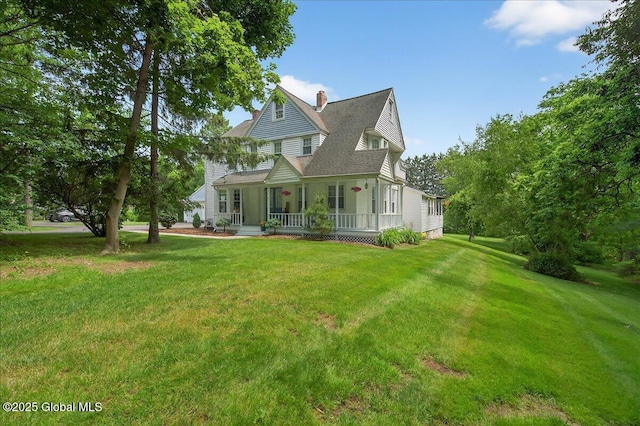 479 Loudon Rd, Colonie, NY 12211 - view of front of home with covered porch, a chimney, a front lawn, and a shingled roof