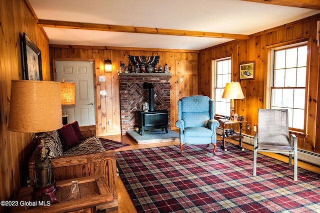 42 Stanton Rd, Jackson, NY 12873 - living room with a wood stove, wooden walls, and beamed ceiling