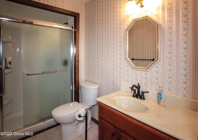 42 Stanton Rd, Jackson, NY 12873 - full bathroom with vanity, a stall shower, tile patterned floors, and wallpapered walls