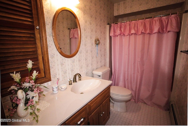 42 Stanton Rd, Jackson, NY 12873 - full bathroom featuring wallpapered walls, tile patterned floors, vanity, curtained shower, and baseboard heating