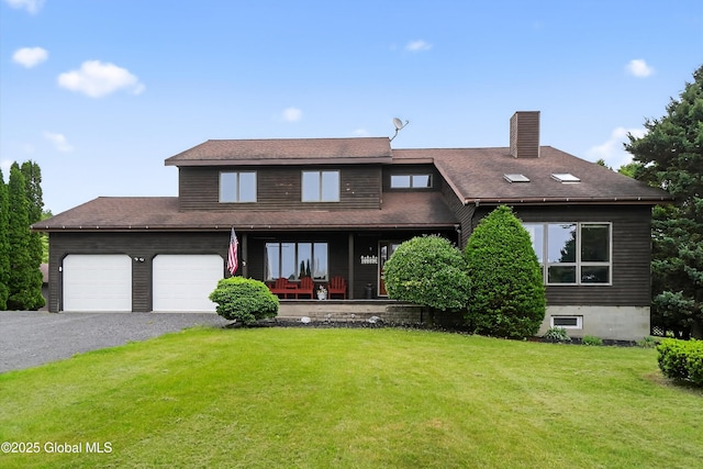 1560 Division St, Charlton, NY 12010 - view of front of property featuring a chimney, a front yard, an attached garage, driveway, and a porch