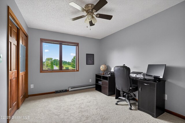 1560 Division St, Charlton, NY 12010 - home office with a baseboard radiator, light carpet, a textured ceiling, and a ceiling fan