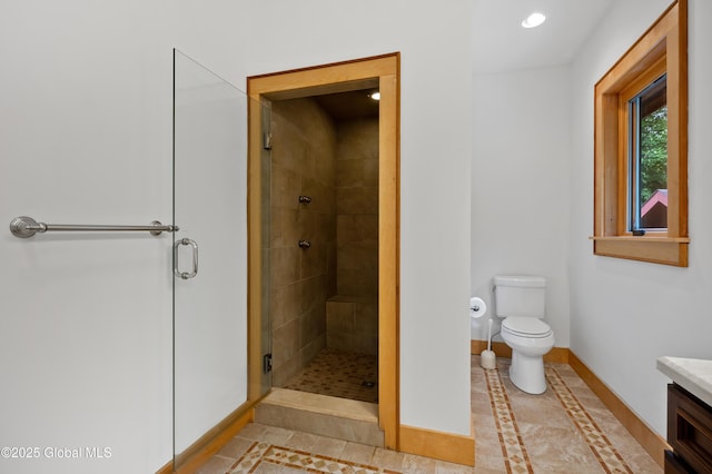 555 Trout Lake Rd, Bolton, NY 12824 - bathroom with a shower stall, vanity, recessed lighting, inlaid floor details, and tile patterned floors