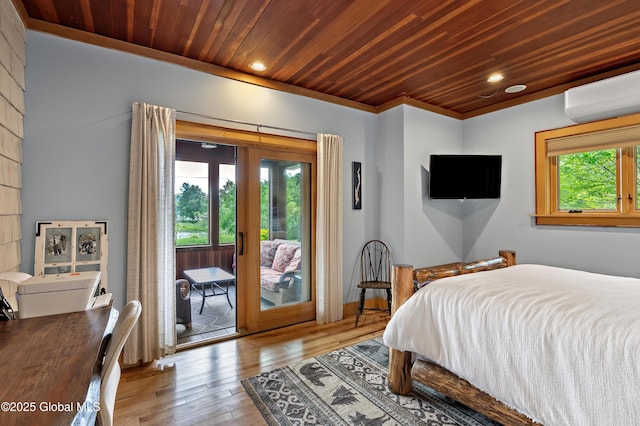 555 Trout Lake Rd, Bolton, NY 12824 - bedroom featuring wooden ceiling, access to exterior, wood finished floors, an AC wall unit, and recessed lighting