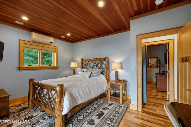 555 Trout Lake Rd, Bolton, NY 12824 - bedroom with a wall mounted air conditioner, wood ceiling, light wood-style floors, and recessed lighting