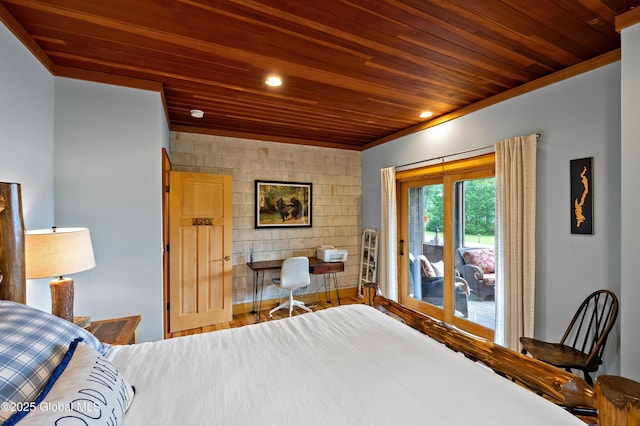 555 Trout Lake Rd, Bolton, NY 12824 - bedroom with wood ceiling, access to outside, crown molding, recessed lighting, and wood finished floors