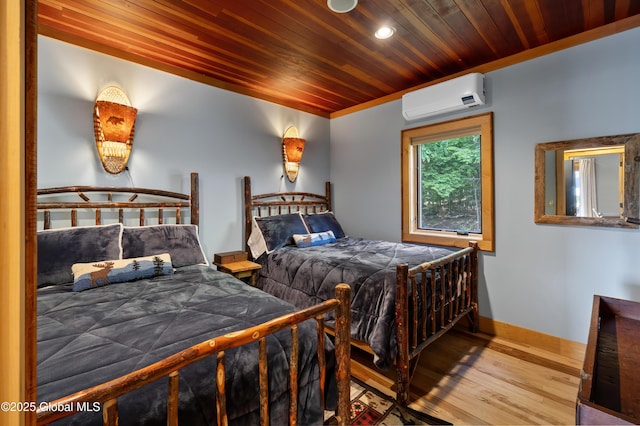 555 Trout Lake Rd, Bolton, NY 12824 - bedroom with a wall mounted AC, wooden ceiling, wood-type flooring, recessed lighting, and freestanding refrigerator