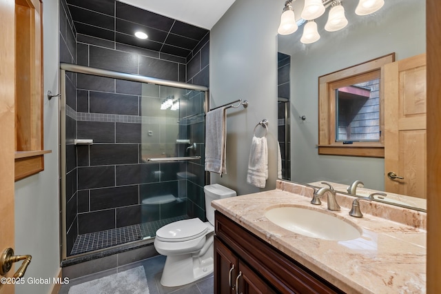 555 Trout Lake Rd, Bolton, NY 12824 - bathroom with vanity, a stall shower, and tile patterned flooring