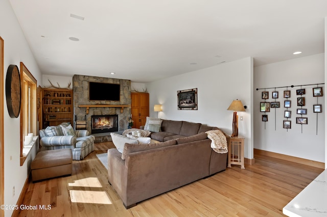 555 Trout Lake Rd, Bolton, NY 12824 - living area featuring light wood-type flooring, a fireplace, and recessed lighting