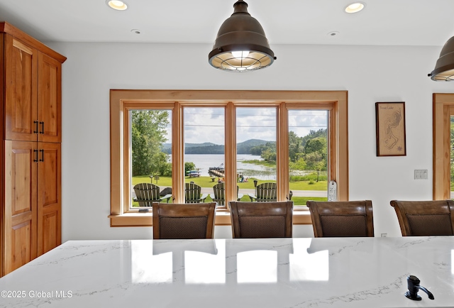 555 Trout Lake Rd, Bolton, NY 12824 - dining room with a water view and recessed lighting
