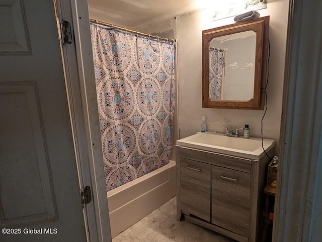 312 Ridge Rd, Northampton, NY 12134 - bathroom featuring vanity, shower / bath combo with shower curtain, and tile patterned floors