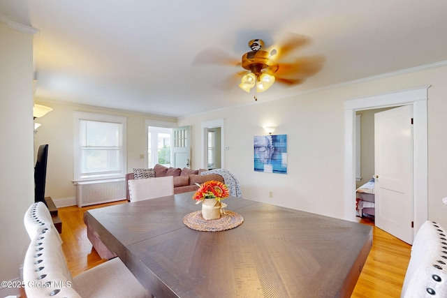 66 Roosevelt Ave, Schenectady, NY 12304 - dining area featuring light wood-style floors, a ceiling fan, radiator, and ornamental molding