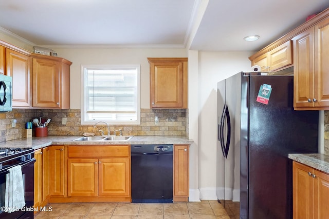 66 Roosevelt Ave, Schenectady, NY 12304 - kitchen featuring black appliances, backsplash, light tile patterned floors, light countertops, and crown molding