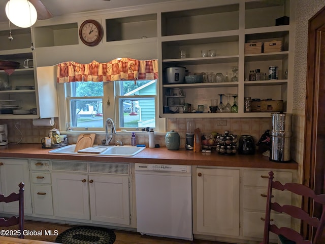 19 High St, Fort Plain, NY 13339 - kitchen featuring dishwasher, open shelves, backsplash, white cabinets, and light countertops