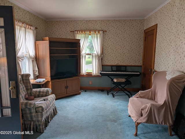 19 High St, Fort Plain, NY 13339 - living area featuring crown molding, healthy amount of natural light, wallpapered walls, and carpet floors
