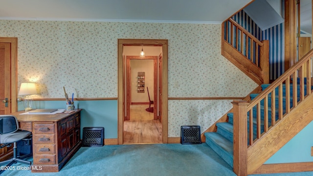 19 High St, Fort Plain, NY 13339 - stairway with wallpapered walls, crown molding, and carpet