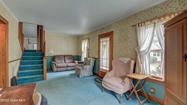 19 High St, Fort Plain, NY 13339 - living area with crown molding, wallpapered walls, carpet flooring, and stairway