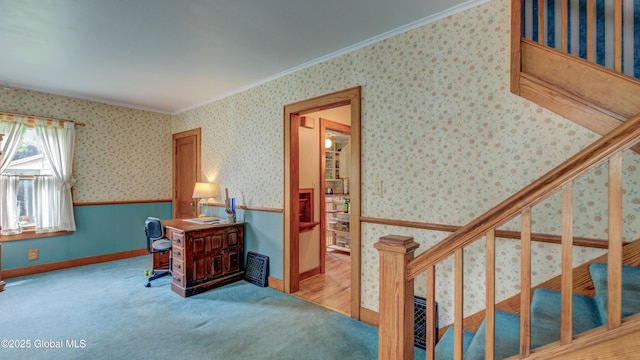 19 High St, Fort Plain, NY 13339 - stairway with crown molding, carpet flooring, and wallpapered walls