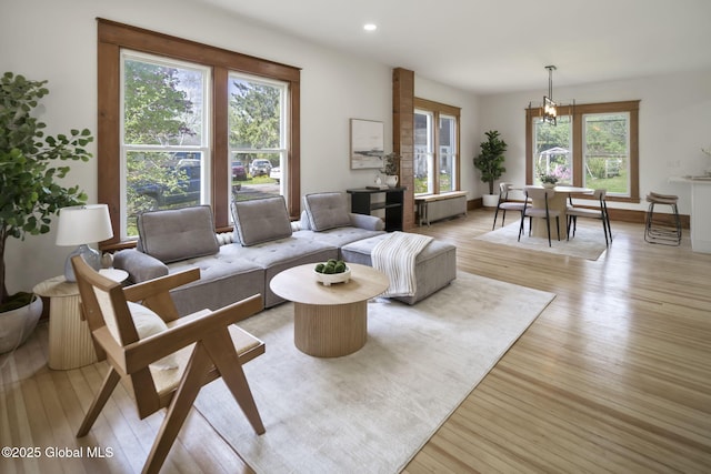 11 River St, Stamford, NY 12167 - living room featuring light wood-style floors, recessed lighting, and a chandelier
