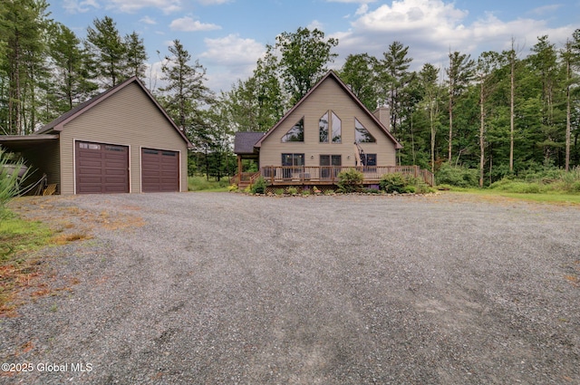 349 Methodist Farm Rd, Sand Lake, NY 12018 - chalet / cabin featuring a deck, a garage, a chimney, and an outdoor structure