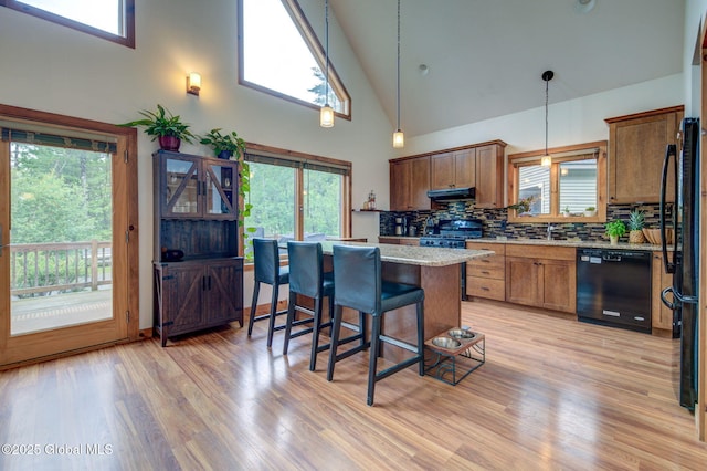 349 Methodist Farm Rd, Sand Lake, NY 12018 - kitchen with black appliances, under cabinet range hood, tasteful backsplash, light wood-style floors, and high vaulted ceiling