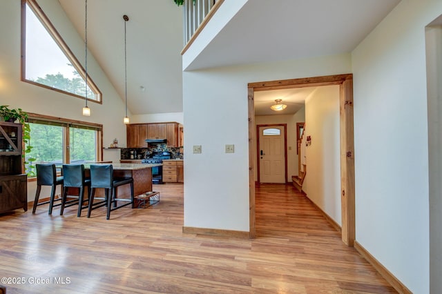 349 Methodist Farm Rd, Sand Lake, NY 12018 - kitchen featuring stainless steel range, a towering ceiling, a kitchen bar, light wood-style flooring, and light countertops