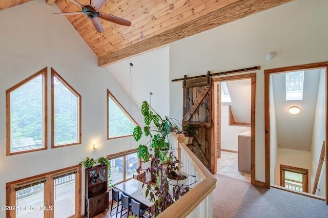 349 Methodist Farm Rd, Sand Lake, NY 12018 - hallway with high vaulted ceiling, carpet flooring, plenty of natural light, beam ceiling, and a barn door