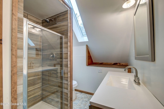 349 Methodist Farm Rd, Sand Lake, NY 12018 - full bathroom with vanity, a stall shower, and a skylight