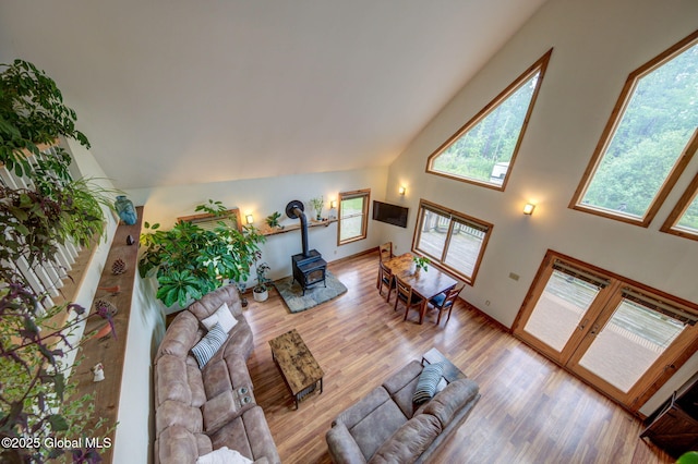 349 Methodist Farm Rd, Sand Lake, NY 12018 - living area featuring a wood stove, wood finished floors, and high vaulted ceiling