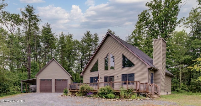 349 Methodist Farm Rd, Sand Lake, NY 12018 - rustic home featuring a chimney, a garage, an outdoor structure, a wooden deck, and view of wooded area