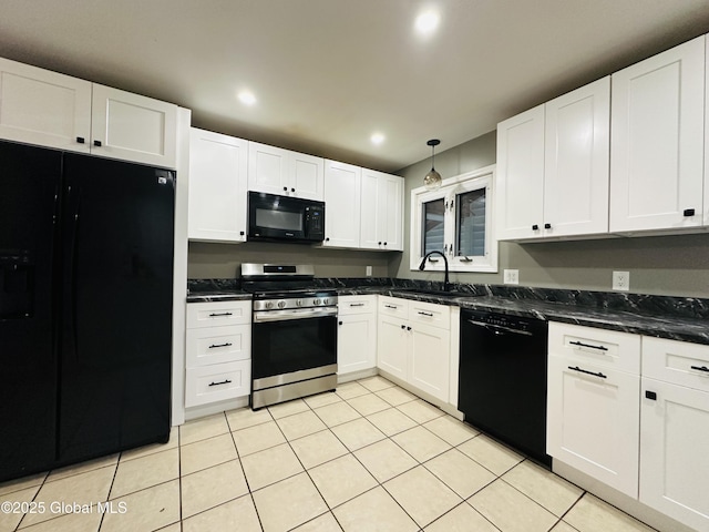 10 Spruce St, Hudson Falls, NY 12839 - kitchen featuring black appliances, light tile patterned flooring, white cabinetry, hanging light fixtures, and recessed lighting