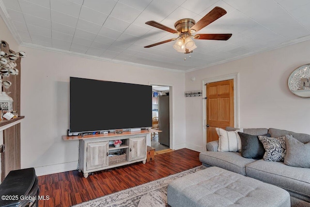 75-77 S 3rd St, Hudson, NY 12534 - living room with crown molding, a ceiling fan, and dark wood-style floors