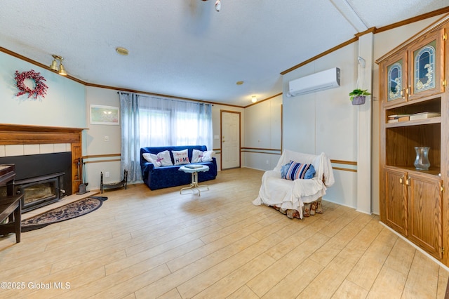 114 Burdick Rd, Johnstown, NY 12078 - living area featuring a wall mounted AC, crown molding, a textured ceiling, wood finished floors, and a tile fireplace
