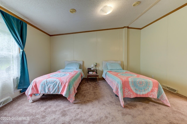 114 Burdick Rd, Johnstown, NY 12078 - bedroom with crown molding, carpet flooring, a decorative wall, a textured ceiling, and lofted ceiling