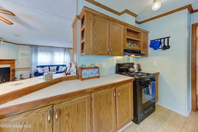 114 Burdick Rd, Johnstown, NY 12078 - kitchen featuring black gas range, open shelves, crown molding, under cabinet range hood, and light countertops