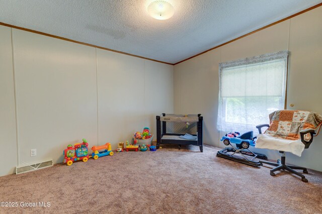 114 Burdick Rd, Johnstown, NY 12078 - game room featuring crown molding, vaulted ceiling, carpet flooring, and a textured ceiling