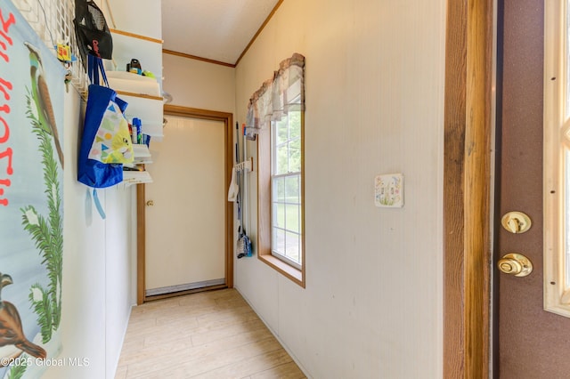 114 Burdick Rd, Johnstown, NY 12078 - doorway to outside featuring crown molding, plenty of natural light, and wood finished floors