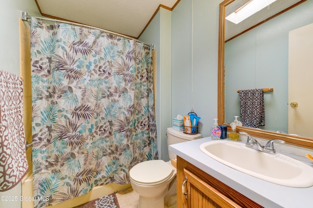114 Burdick Rd, Johnstown, NY 12078 - bathroom with vanity, a shower with shower curtain, tile patterned floors, and lofted ceiling